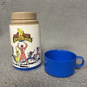 VTG Aladdin Mighty‎ Morphin Power Rangers Thermos 8oz White/Blue Cup 1994